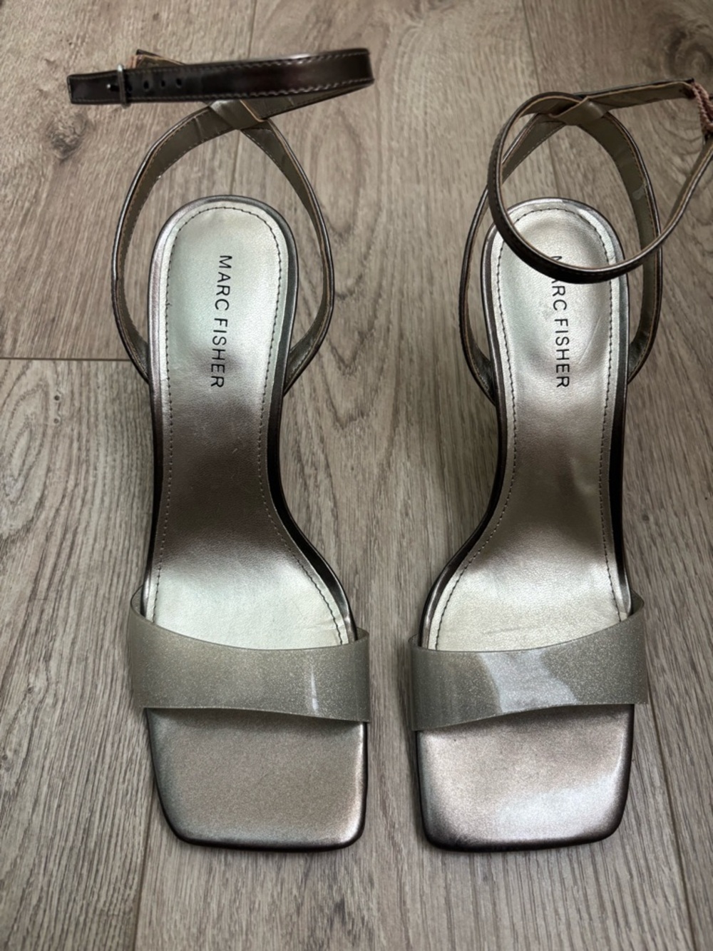 Marc Fisher Shimmery Metallic Silver-Taupe Ankle Strap Heels